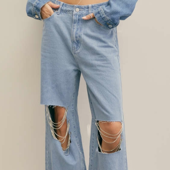 Cider Rhinestone Chain Ripped Wide Leg Jeans Size 1X - Picture 7 of 8